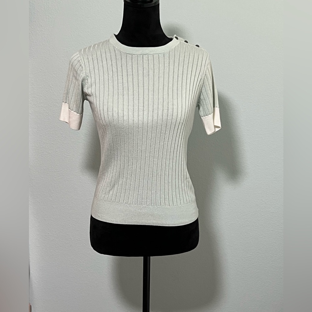 ST. JOHN Button Shoulder Short Sleeve Ribbed Viscose Wool Cashmere Sweater -S